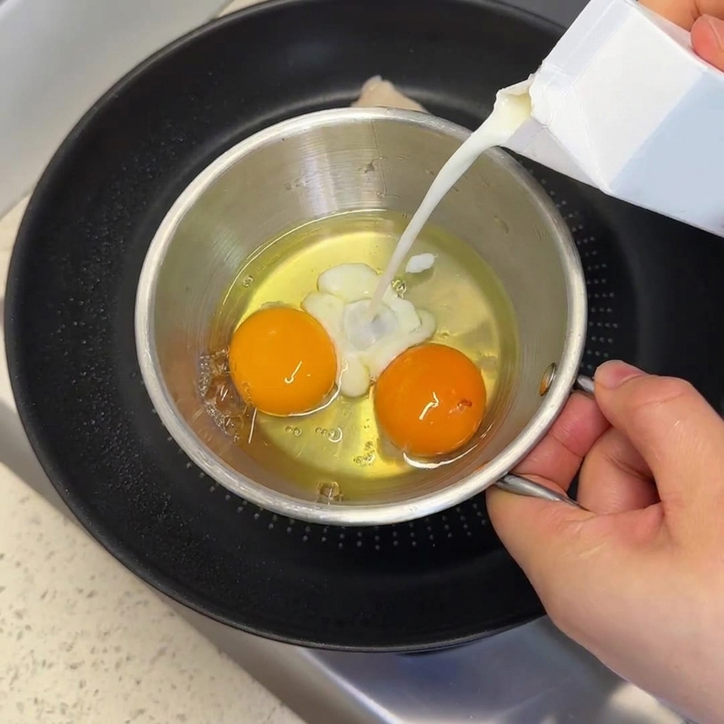A hand pouring milk from a small carton into a metal bowl containing two cracked eggs.