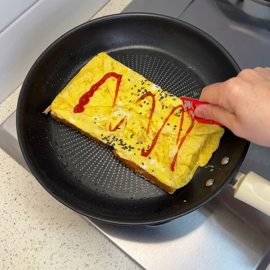 A hand squeezing ketchup from a small packet in a zigzag pattern over a folded egg in a pan.