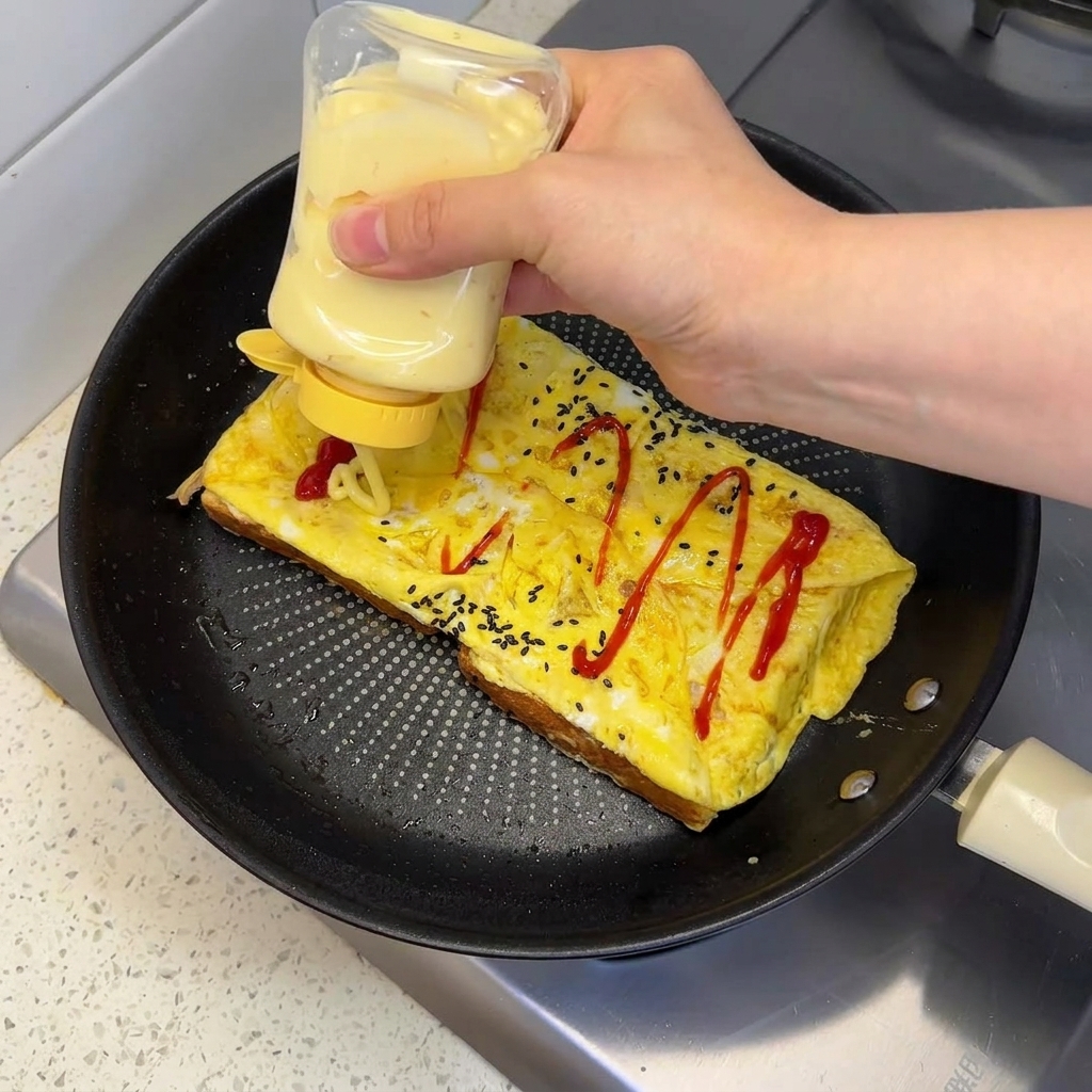 A hand squeezing mayonnaise from a bottle over a folded egg topped with ketchup in a pan.