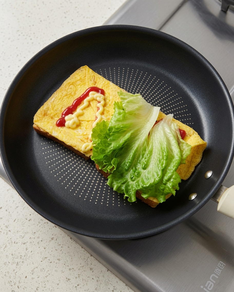 A fresh green lettuce leaf being placed onto the cooked egg surface inside the frying pan.