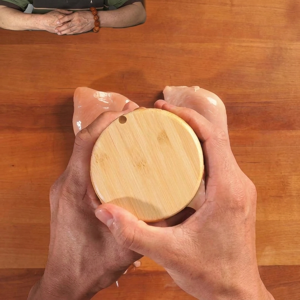 Raw chicken breasts laid out on a wooden board being seasoned with spices from a wooden shaker.
