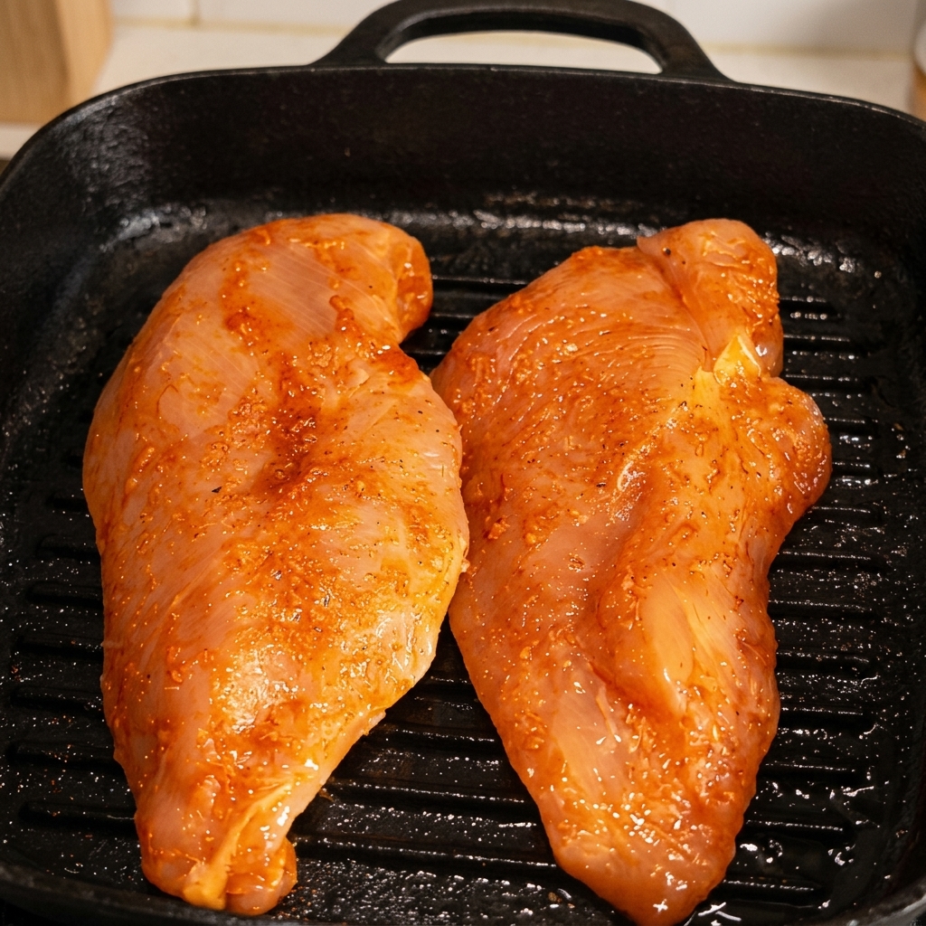 Two seasoned chicken breasts searing in a ribbed black skillet with grill lines forming.