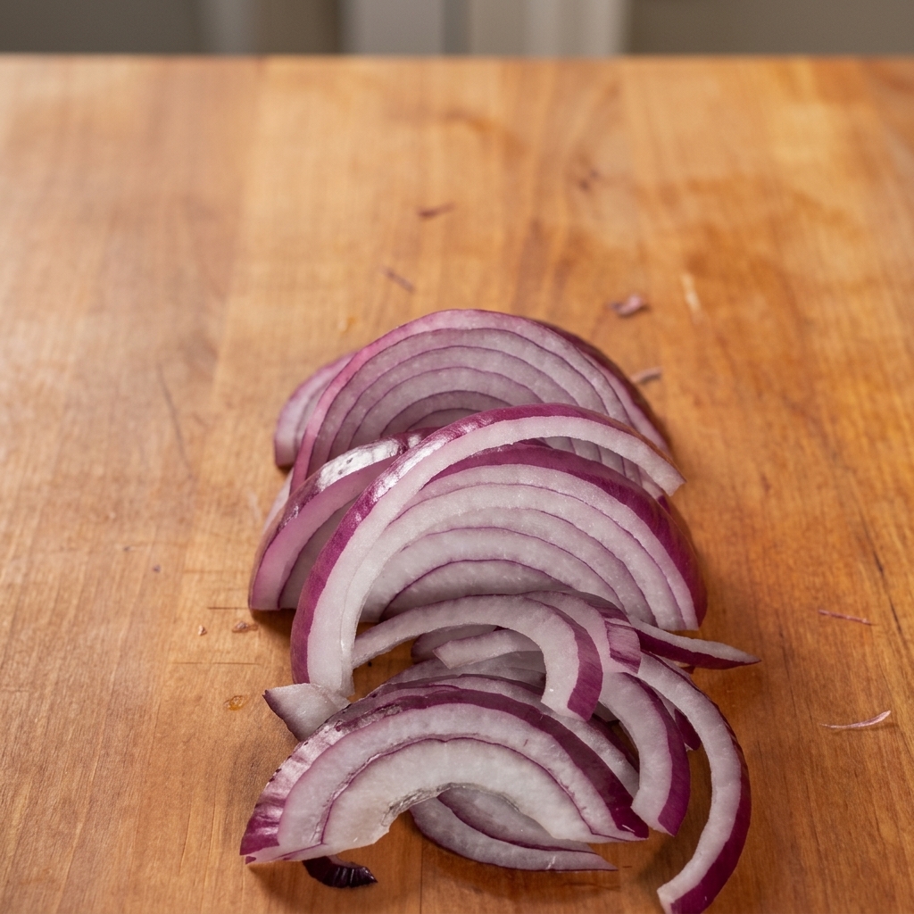 A pile of freshly sliced red onion rings neatly arranged on a wooden board.