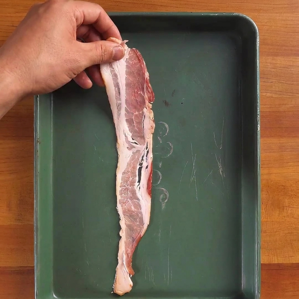 A single raw bacon strip held vertically over a green metal tray.