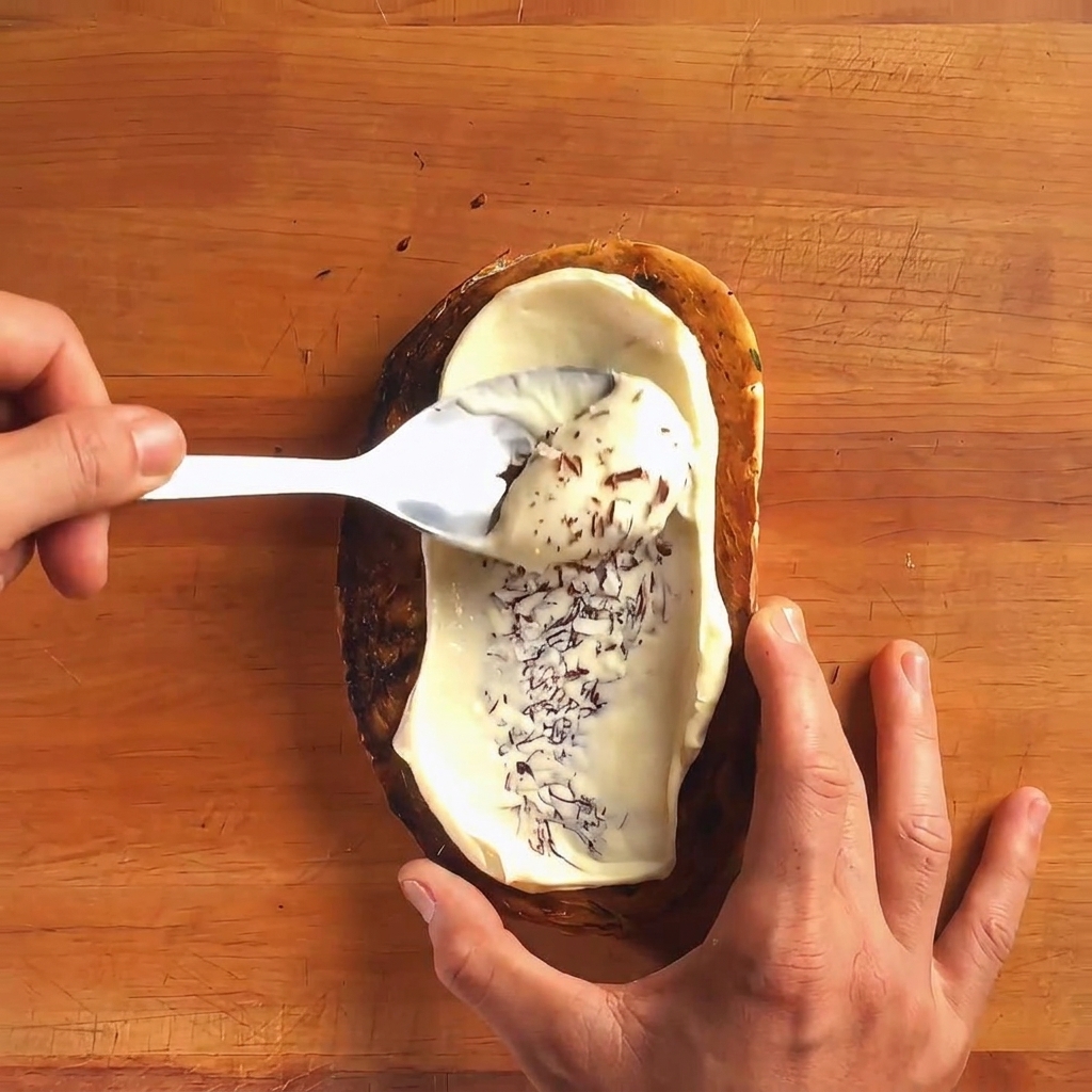 A slice of toasted bread being spread with a creamy sauce using a spoon on a wooden cutting board.