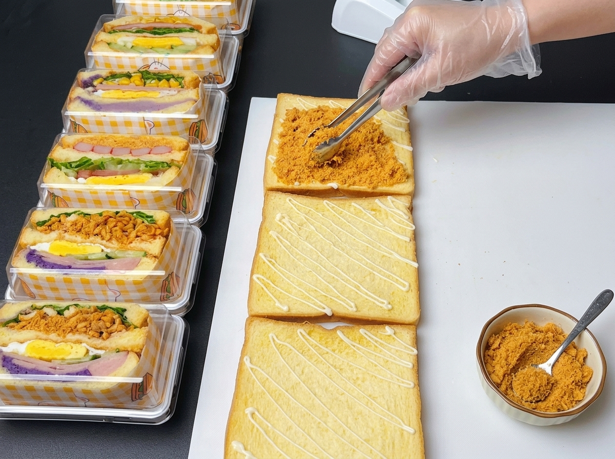 Using small metal tongs to evenly distribute golden chicken floss over a slice of toast.