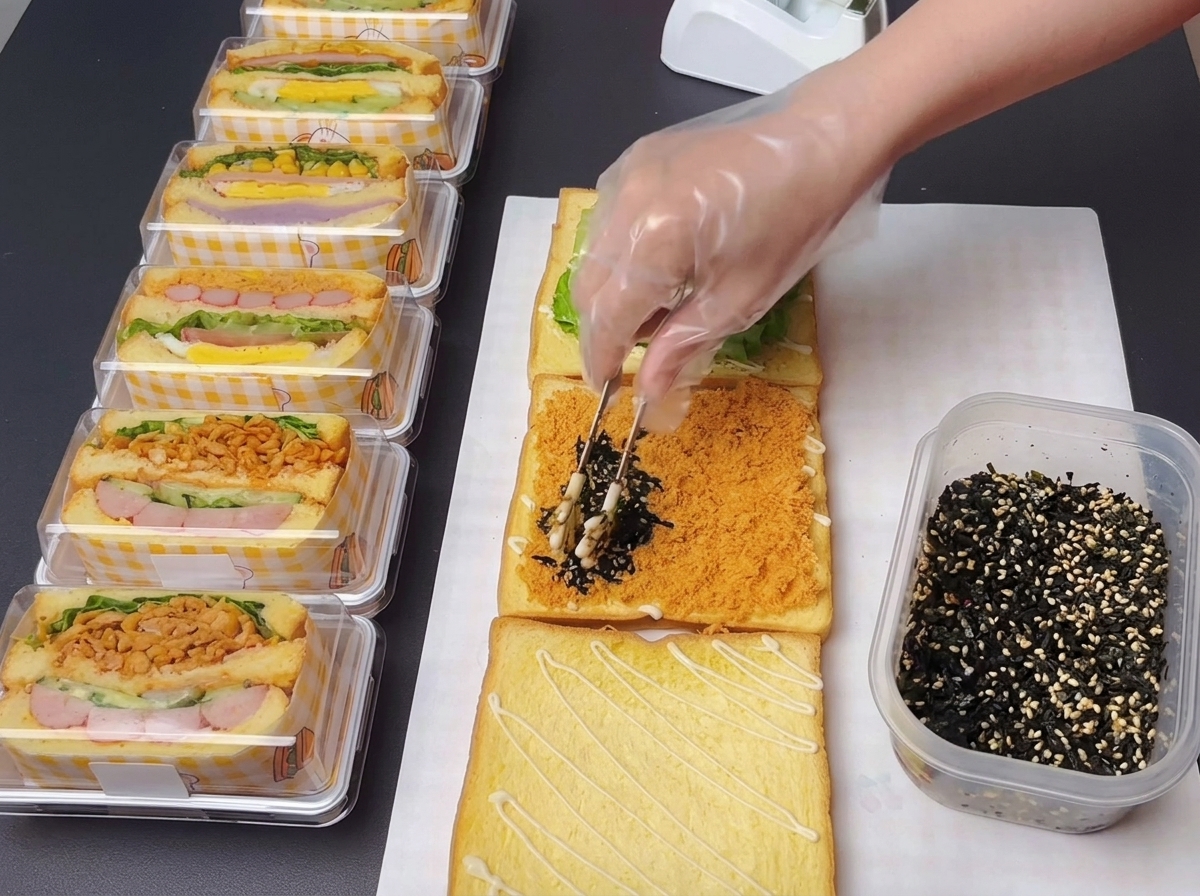 Tongs placing a dark mixture of shredded nori and white sesame seeds on top of a bed of chicken floss.