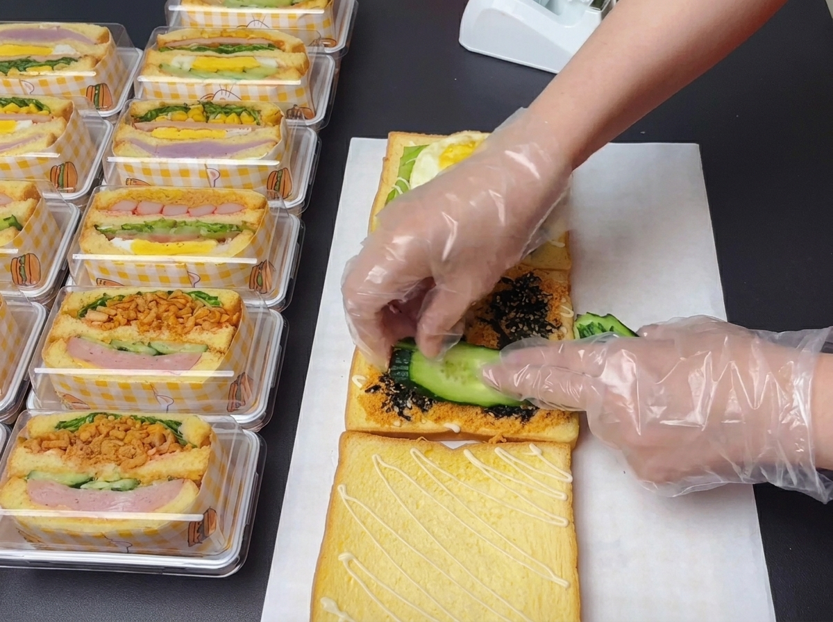 Gloved hands neatly arranging four thin, round cucumber slices on top of the nori and chicken floss.