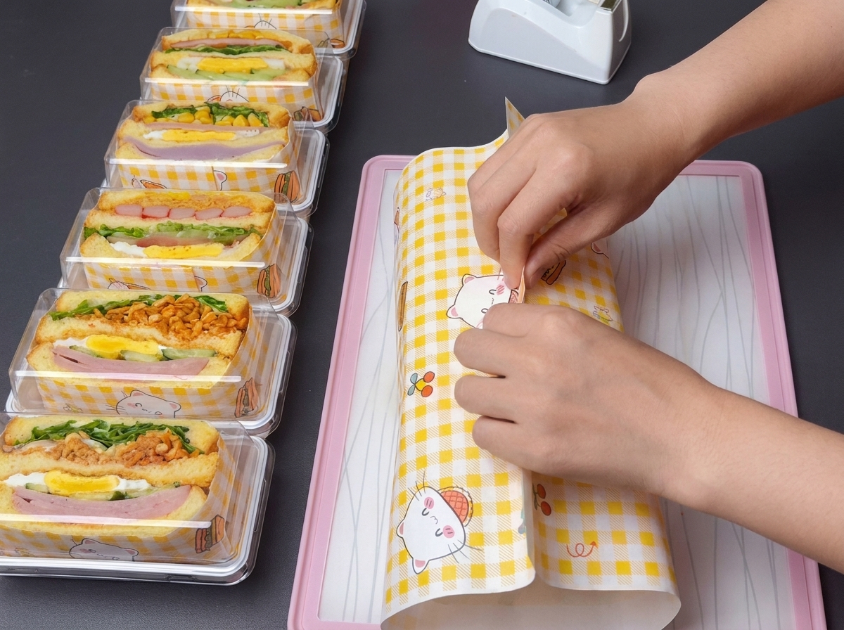 The fully stacked sandwich being wrapped tightly in yellow-and-white patterned paper.