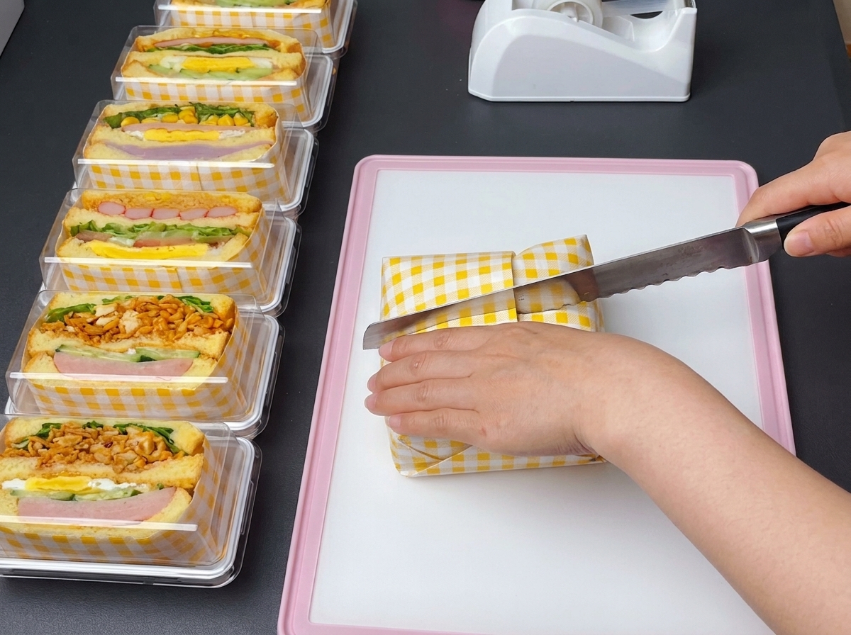 A serrated knife slicing through the center of the wrapped sandwich on a pink cutting board.