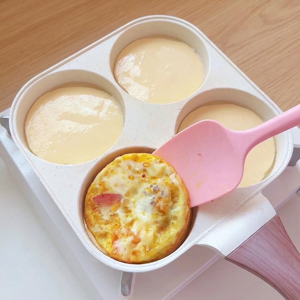 Pre-cooked egg patties being placed over the liquid batter in the pan compartments.