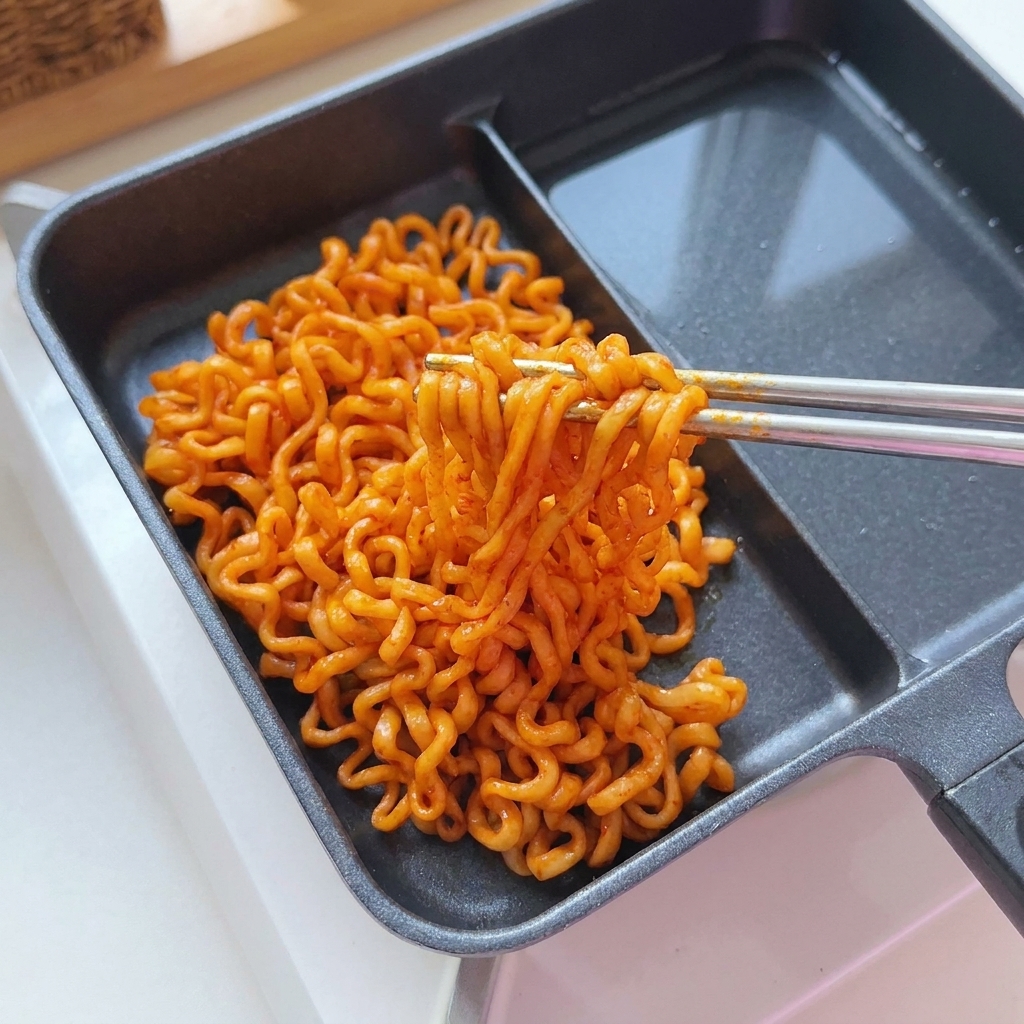 Chopsticks lifting vibrant red fire chicken noodles inside a black divided pan.