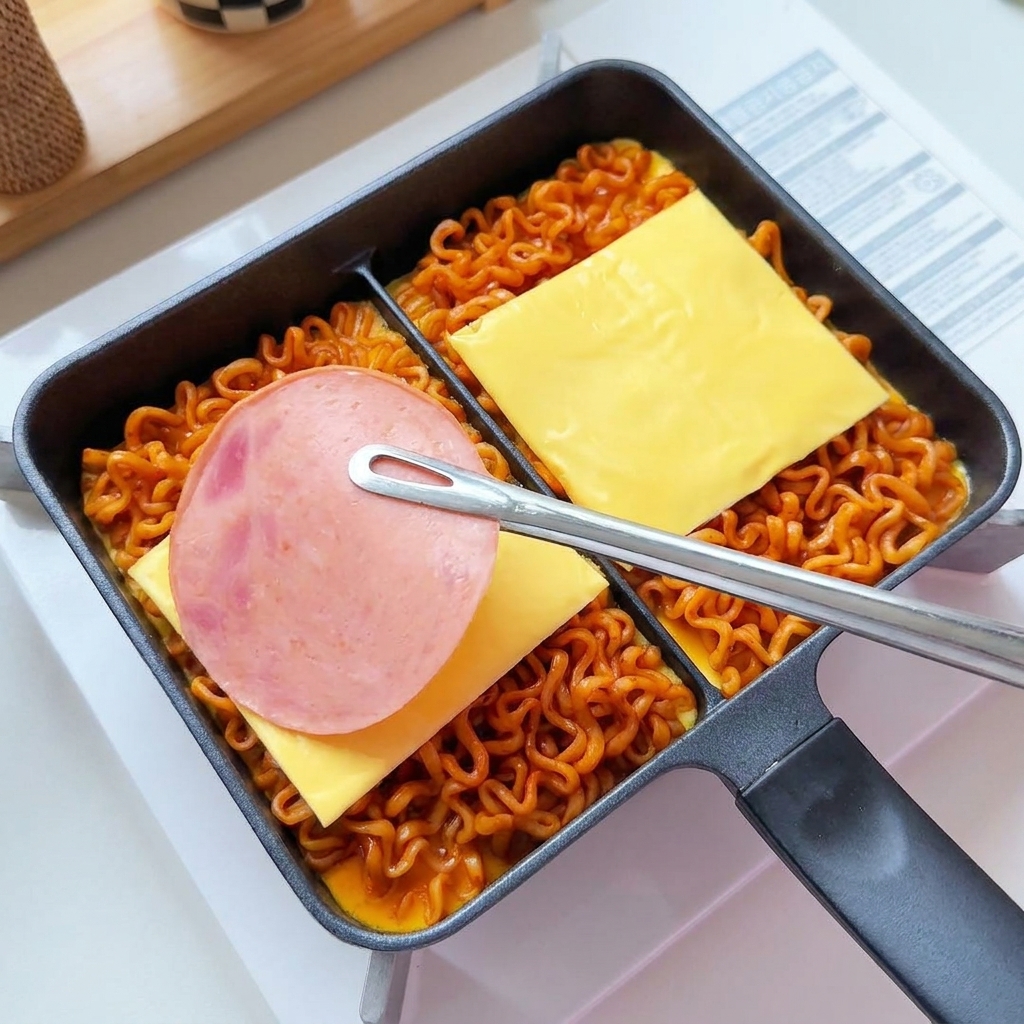 Cheese and ham slices being arranged on top of the noodle base using metal tongs.