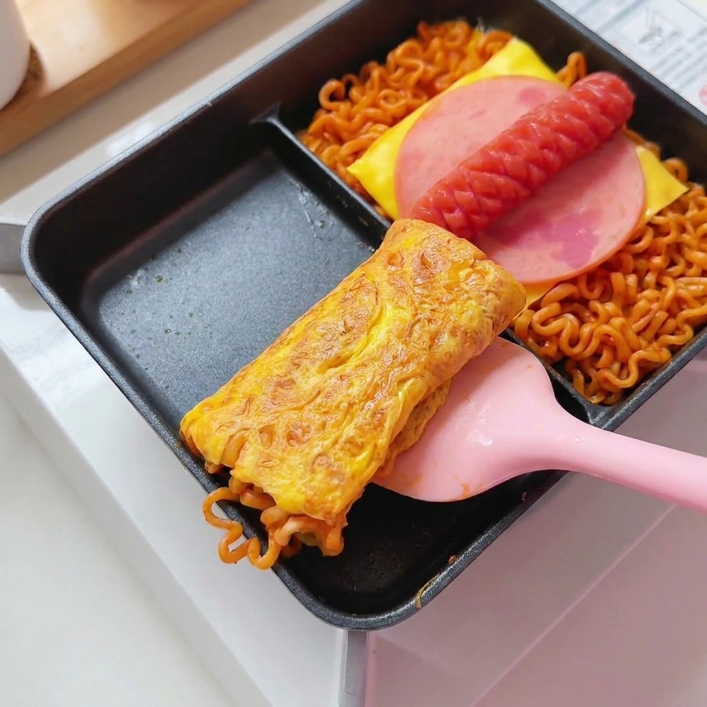 A pink spatula rolling up a cooked egg and noodle roll inside a rectangular pan.