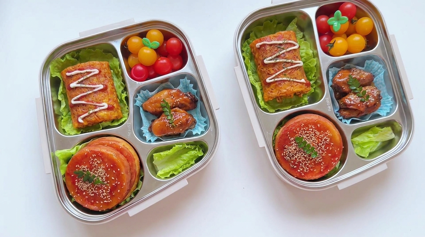 Ultimate Kids' Bento Box: Meat Egg Burgers, Spicy Noodle Rolls & Cola Wings