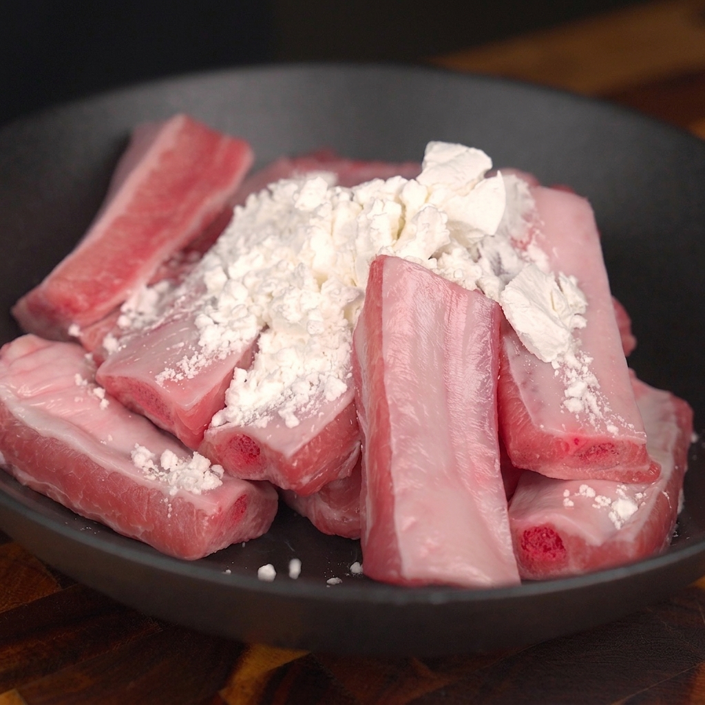 Raw pork ribs in a dark bowl with a heap of white starch sprinkled over them.