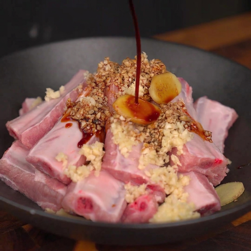 A dark liquid sauce being poured over raw pork ribs topped with minced garlic and ginger slices in a dark bowl.
