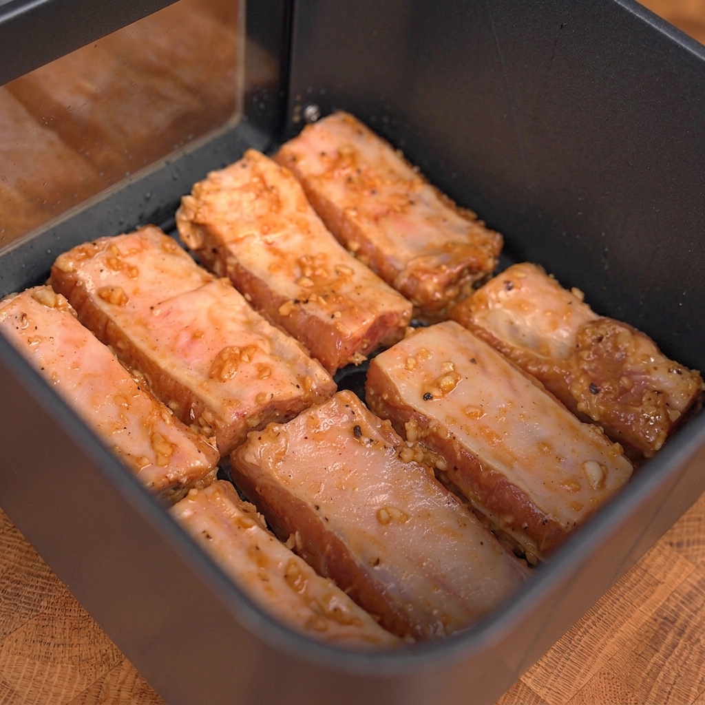 Oil being sprayed over the pork ribs inside the air fryer.