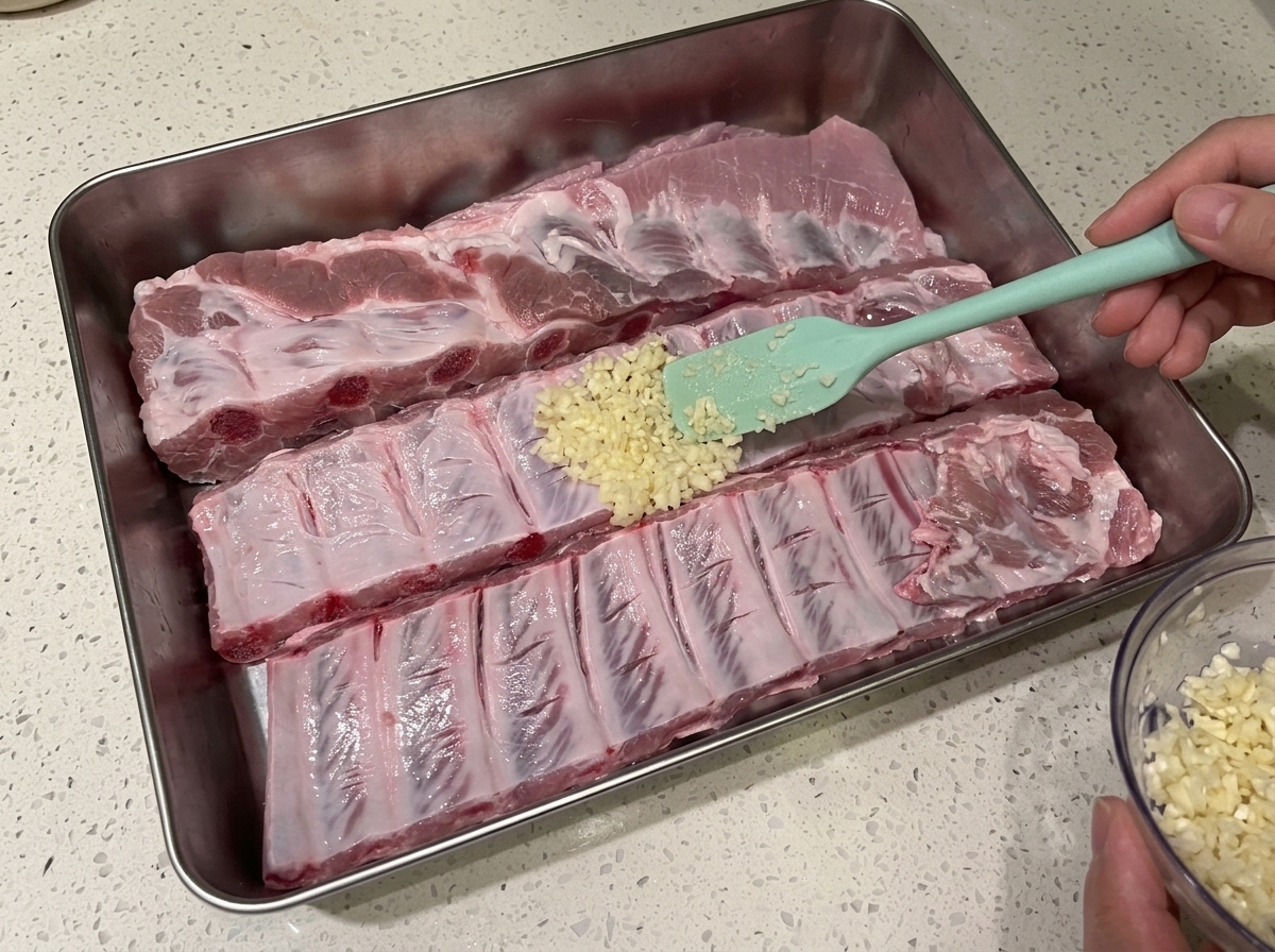 Fresh minced garlic being dropped onto the surface of raw pork ribs with a silicone spatula.