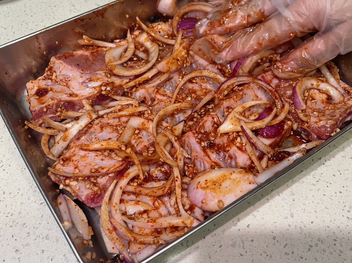 Gloved hands actively tossing and rubbing a dark red marinade evenly across raw pork ribs and sliced red onions.