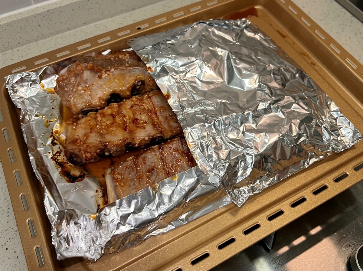 Aluminum foil being pulled back from a gold-colored baking tray to expose steaming, par-baked pork ribs resting in a dark savory sauce.