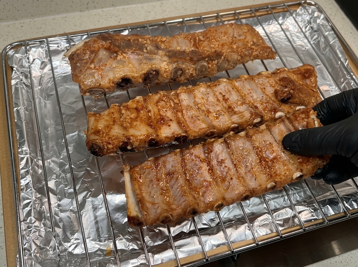 A gloved hand transferring three pieces of partially roasted pork ribs from aluminum foil onto a wire baking rack.