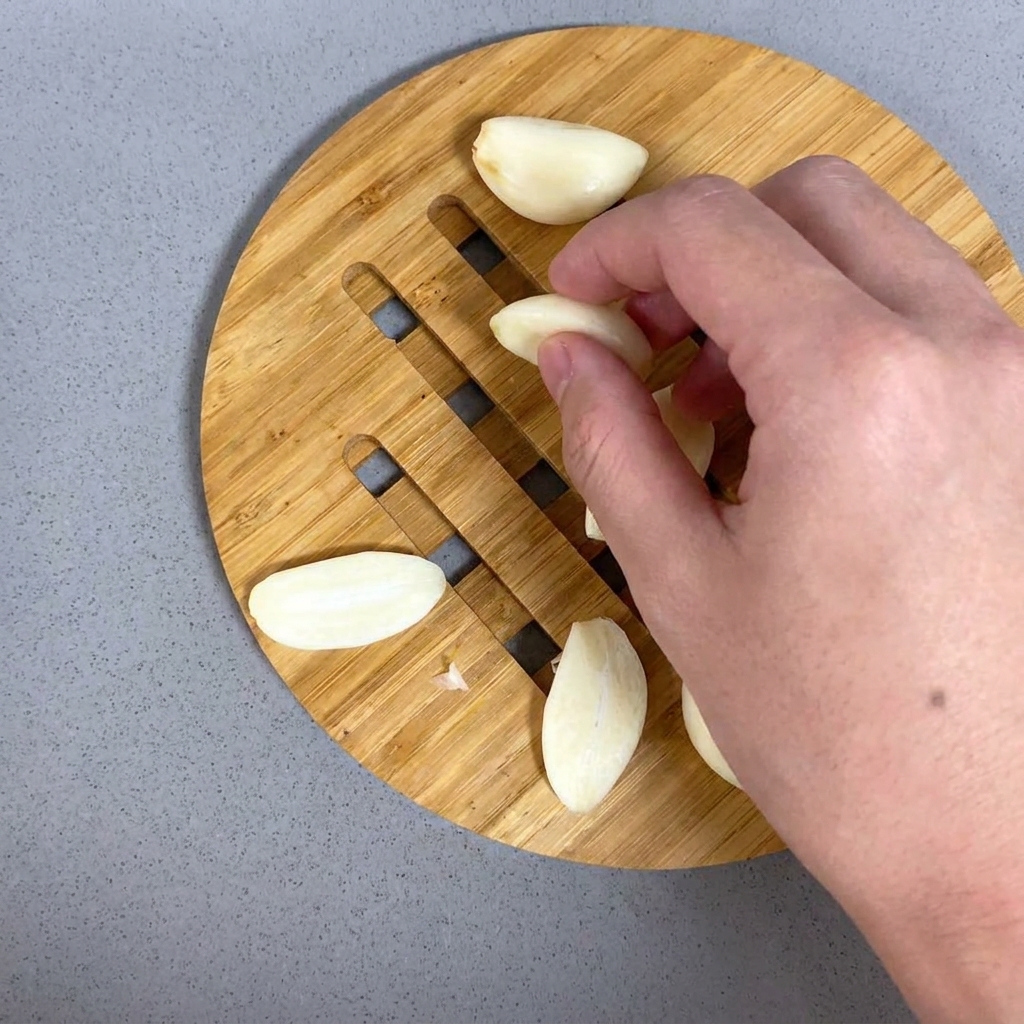 Garlic cloves being cut into thin slices on a wooden cutting board.