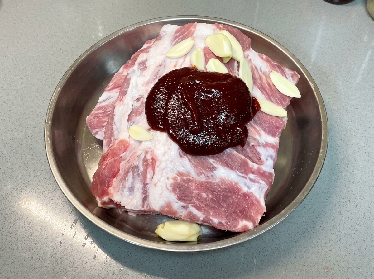 Oyster sauce being dispensed onto the pile of sauces sitting on top of raw pork ribs.