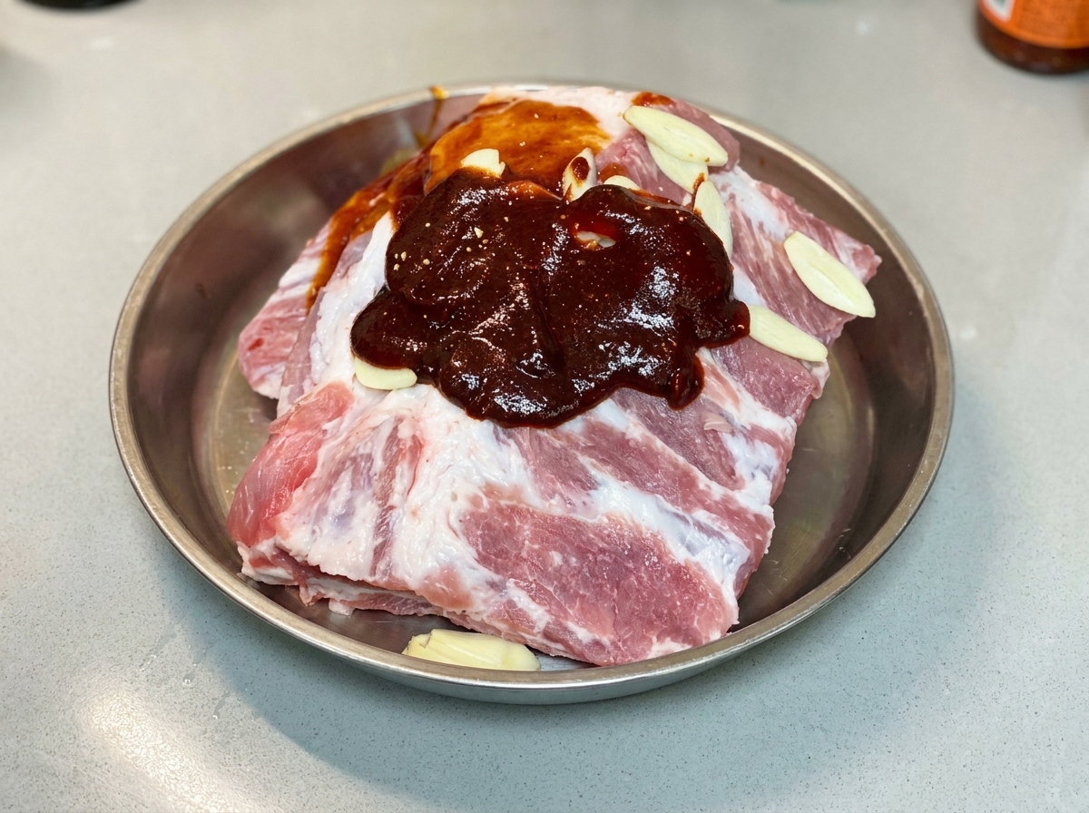 Fine specks of white pepper sprinkled over the marinating pork ribs and sauces.