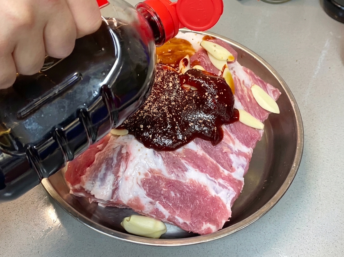 Light soy sauce being poured from a bottle onto the seasoned pork ribs.