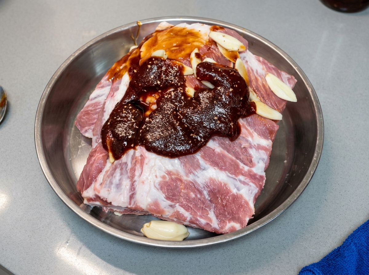 Salt being sprinkled over the seasoned pork ribs in a metal tray.