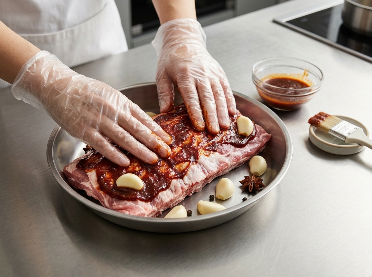 Hands wearing clear disposable gloves rubbing dark marinade and garlic onto pork ribs inside a metal bowl.