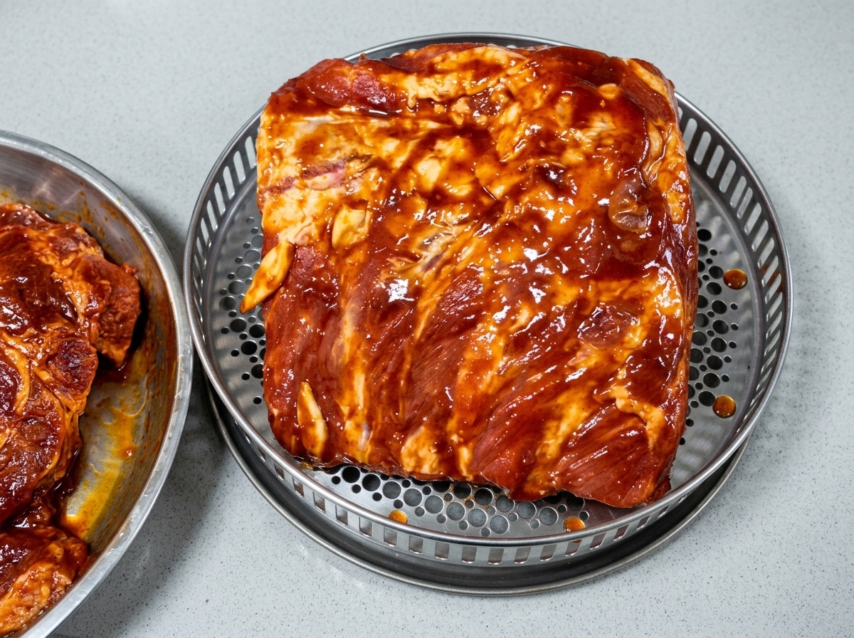 Marinated pork ribs resting on a perforated metal baking tray with garlic pieces scattered underneath.