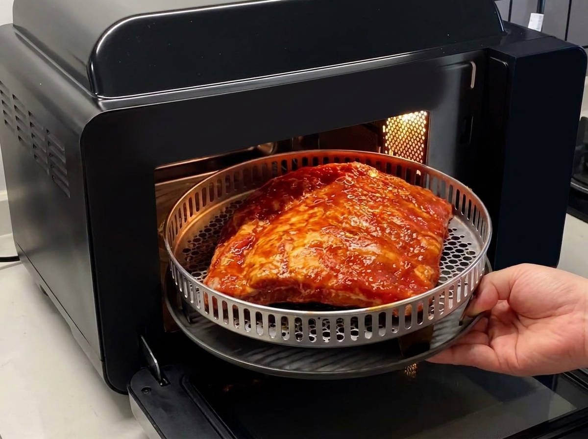 A baking tray holding seasoned pork ribs being loaded into the open compartment of a black oven.