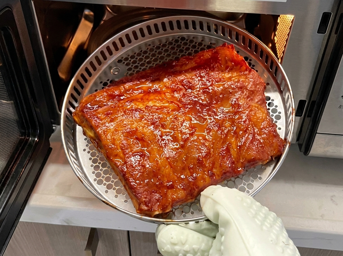 Pork ribs being turned over in a baking basket using kitchen tongs inside an oven.