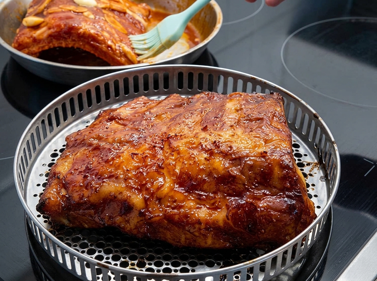 A kitchen brush applying a honey and sauce mixture onto the top of seasoned pork ribs sitting on a round metal rack.