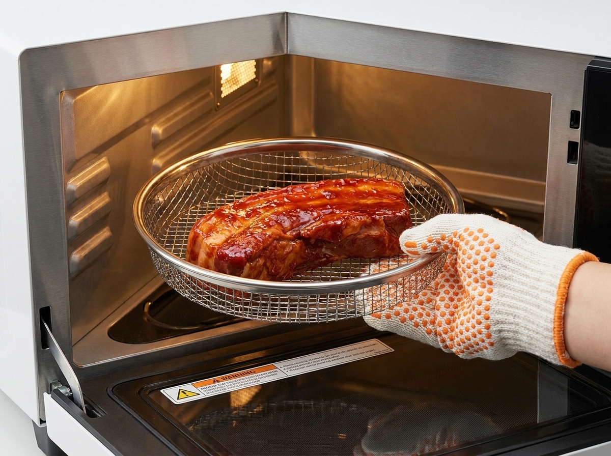 A person wearing a heat-resistant oven mitt placing a wire basket with glazed pork ribs into an open oven.