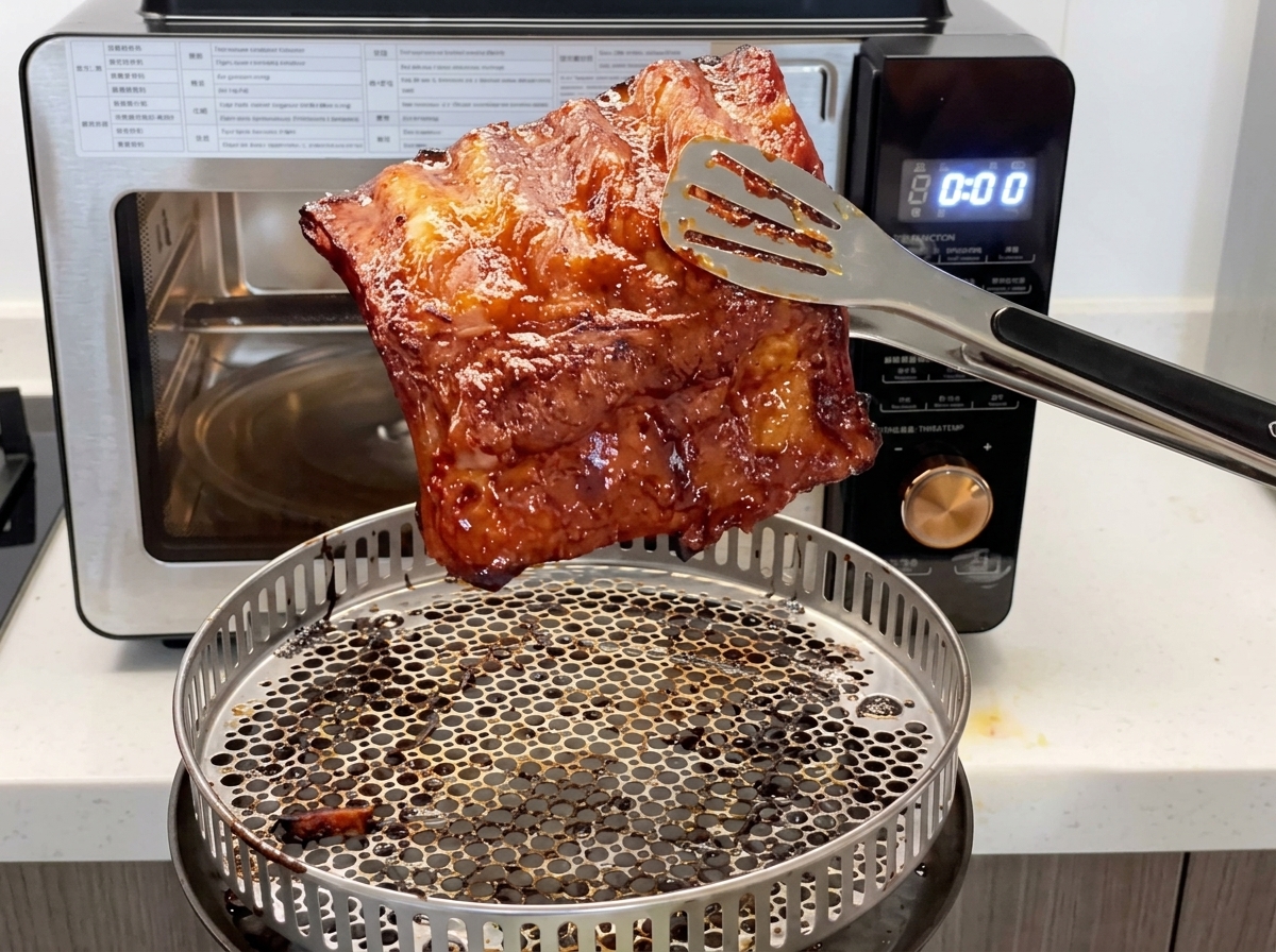A pair of metal tongs lifting a piece of freshly baked, glazed pork rib above a round metal baking basket.