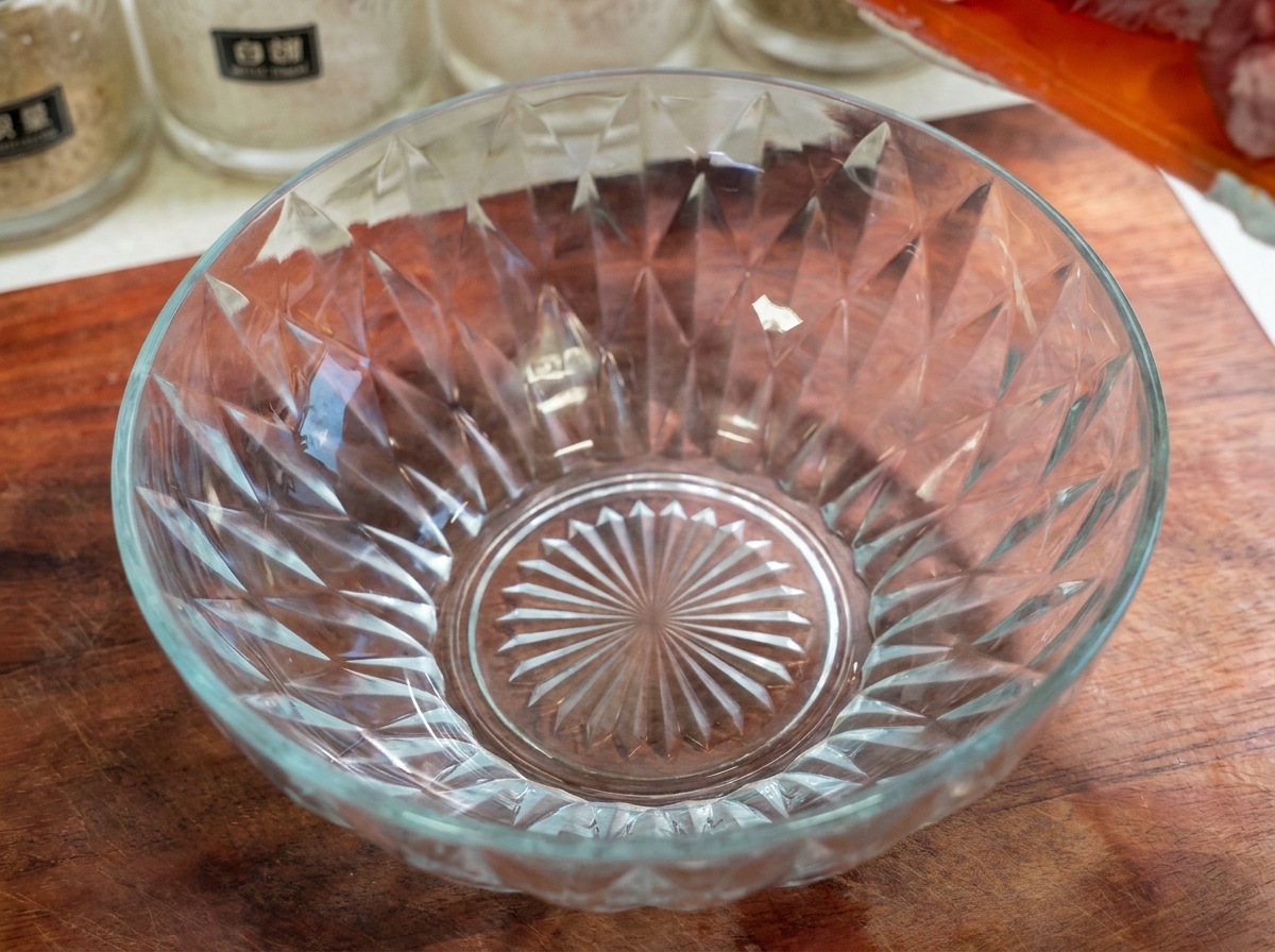 Raw pork rib pieces being transferred from an orange container into a glass mixing bowl.