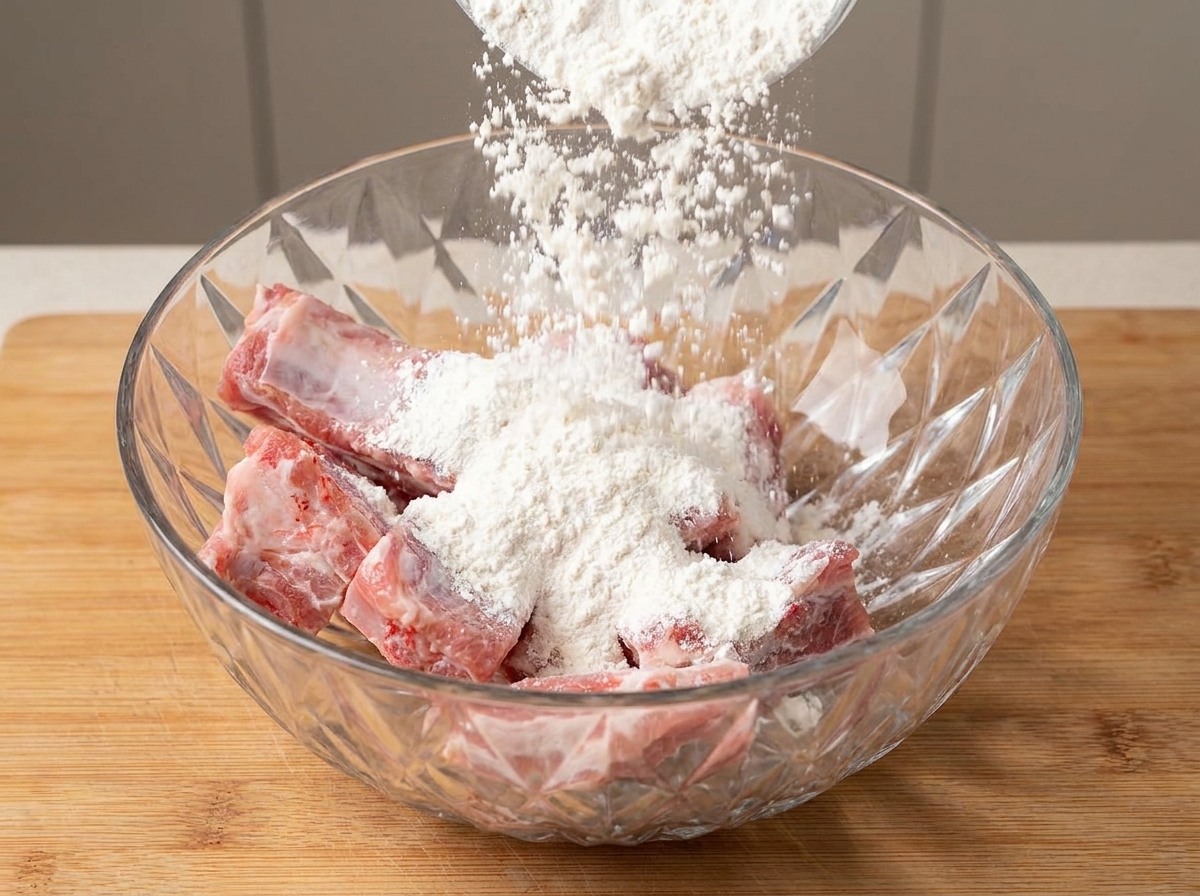 Fine flour and salt cascading down onto raw pork ribs inside a glass bowl.