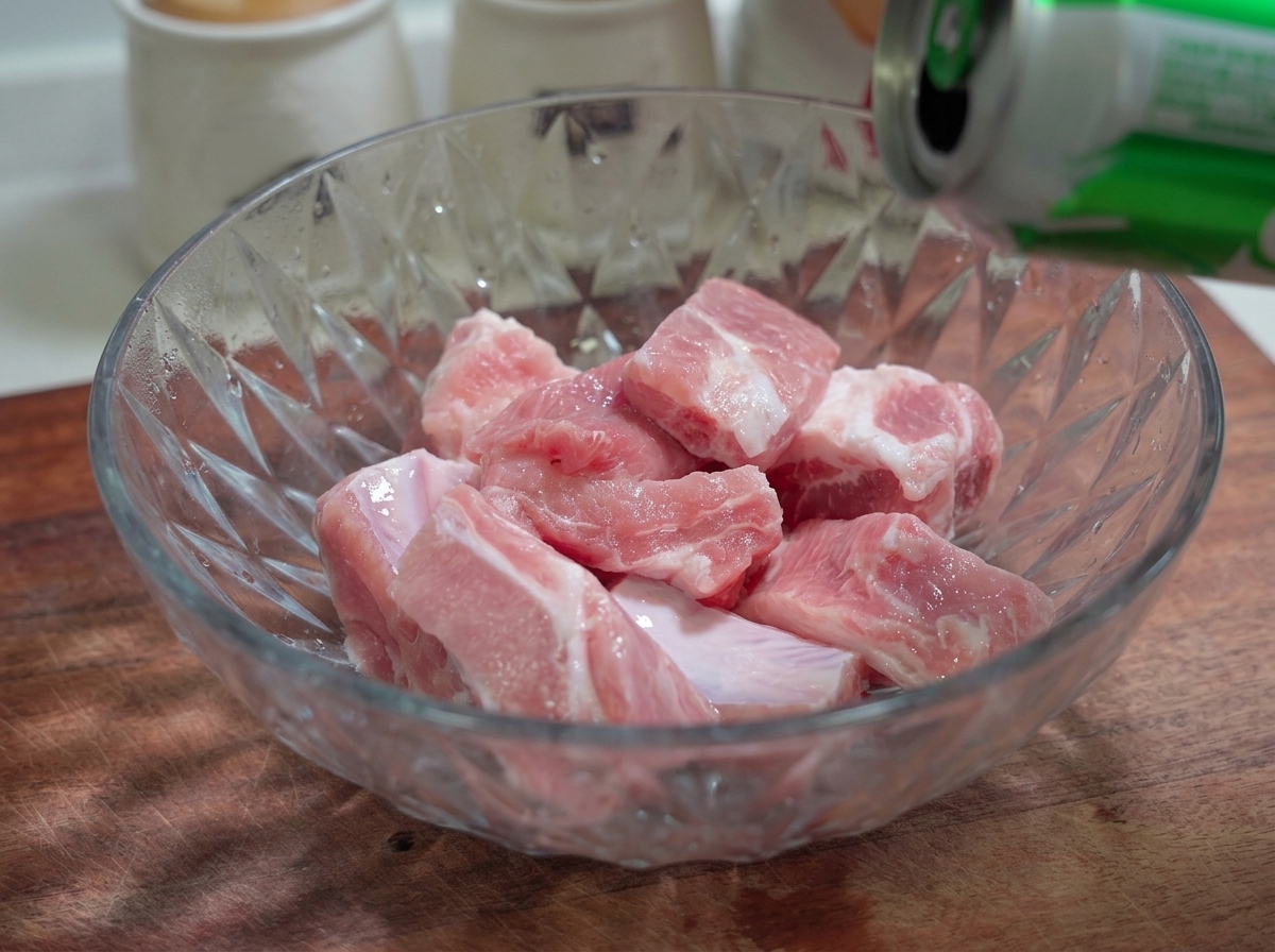 Beer pouring from a can into a glass bowl holding raw pork ribs.