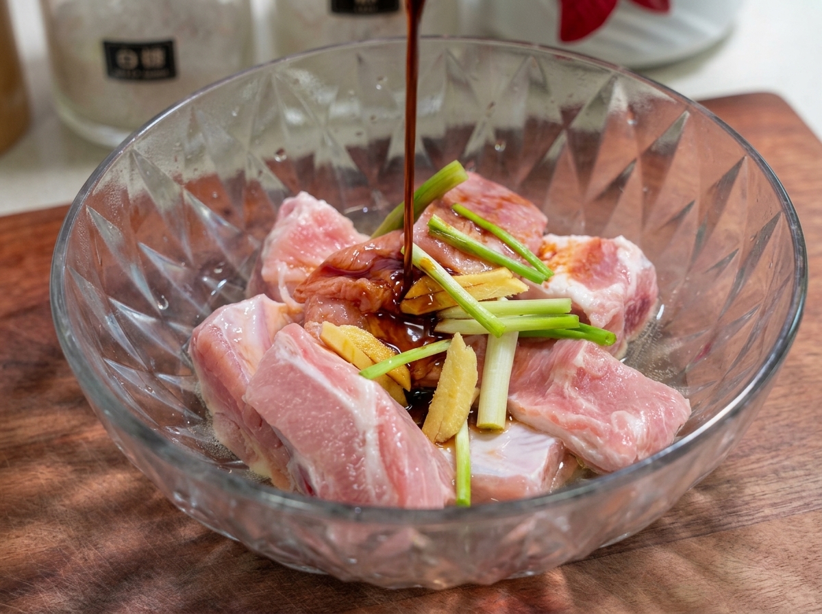 Dark soy sauce, oyster sauce, and char siu sauce being poured onto the ribs in a glass bowl.