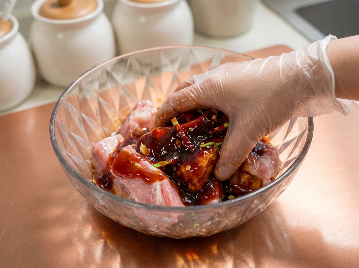 A gloved hand massaging and coating pork ribs with dark marinade inside a glass bowl.