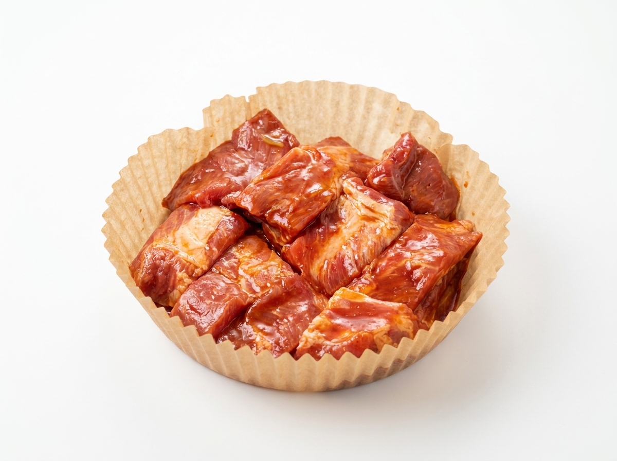 Marinated pork ribs neatly arranged in an air fryer basket lined with brown baking paper.