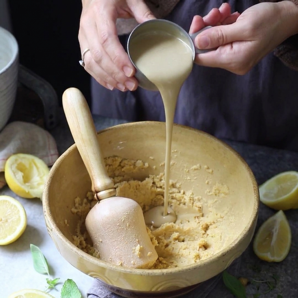 Tahini paste being poured from a measuring cup into a yellow bowl filled with mashed chickpeas.