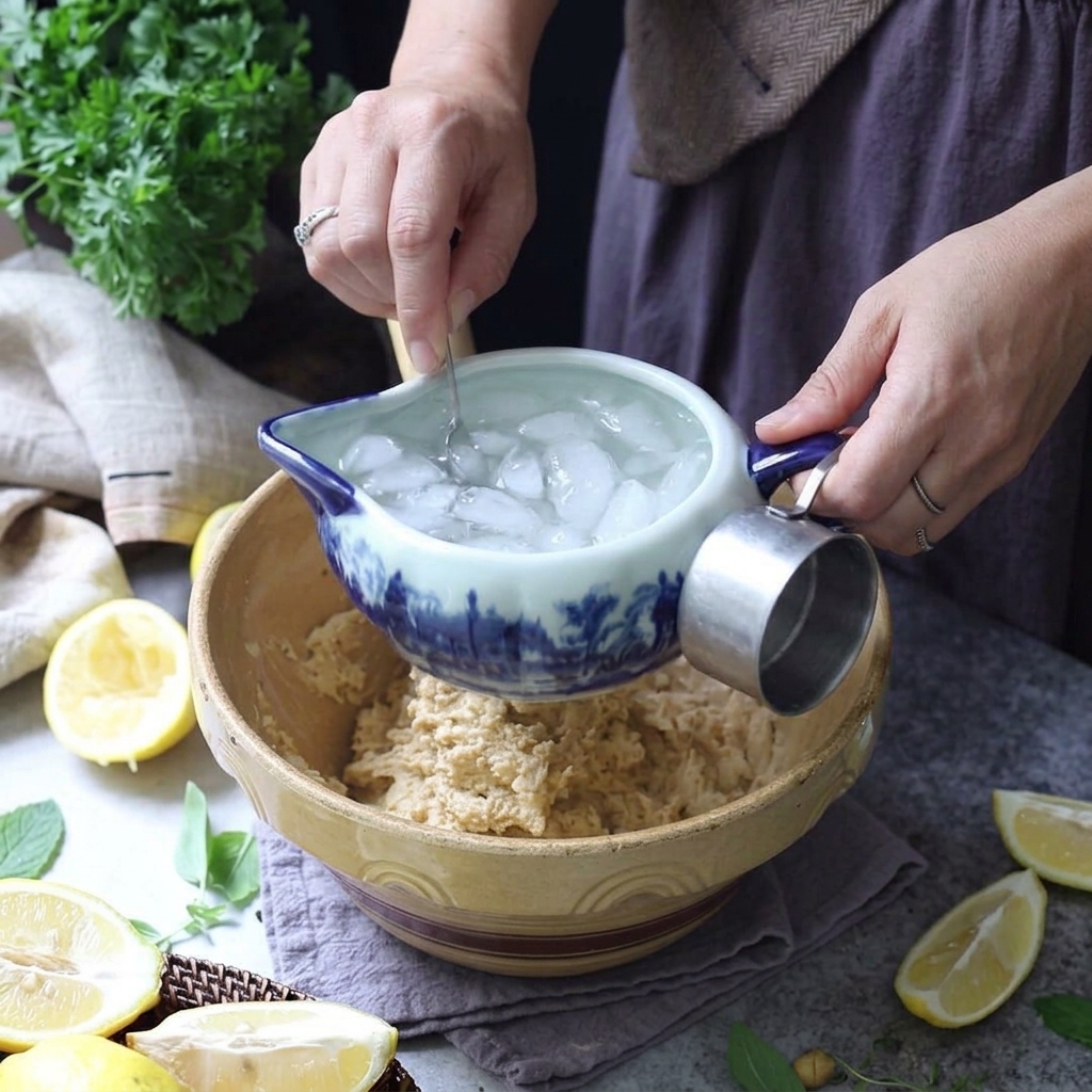 A person holding a blue pitcher filled with ice and water, adding it to the bowl of mashed chickpeas.