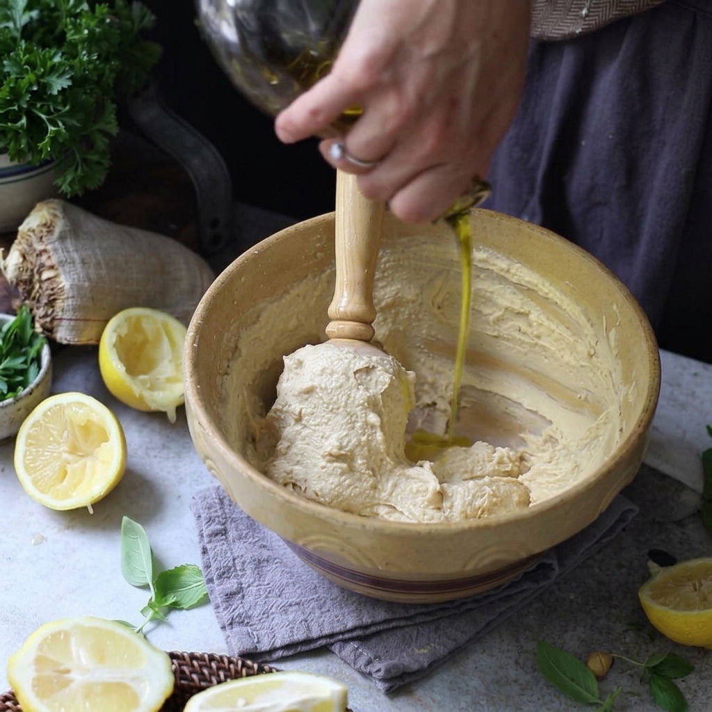 Olive oil being poured from a glass bottle into a bowl of hummus while being stirred.
