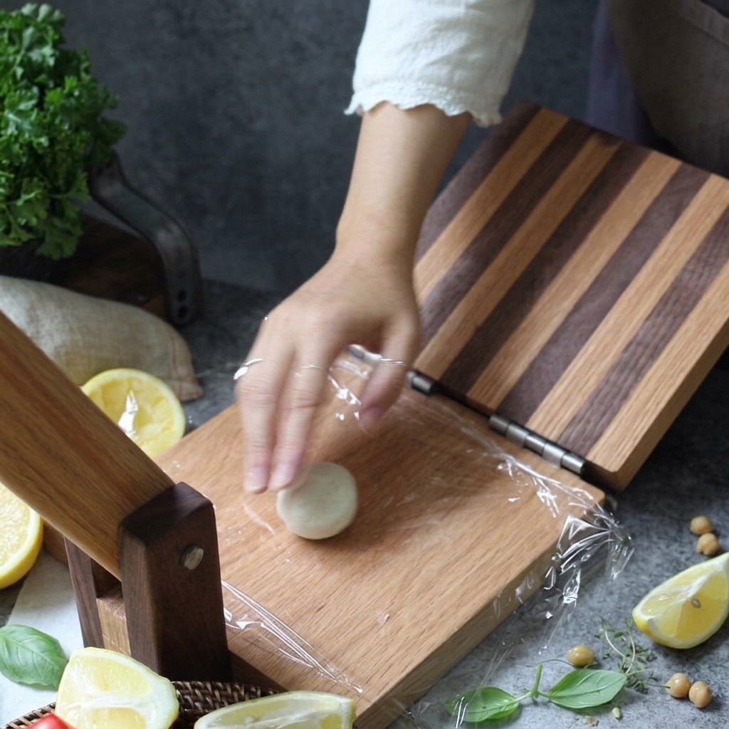 A small white dough ball being pressed flat on a wooden tortilla press lined with plastic wrap.