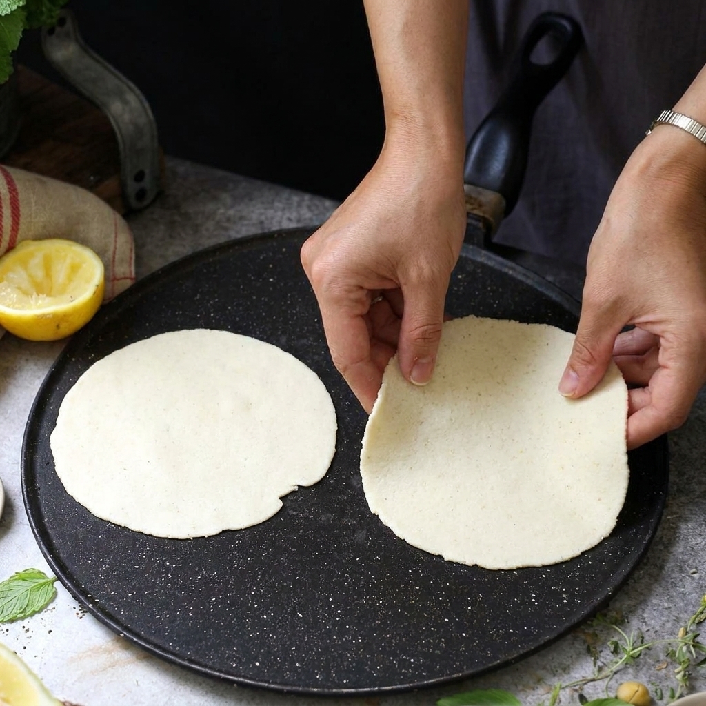 Flattened round tortilla dough pieces cooking on a hot dark flat griddle pan.