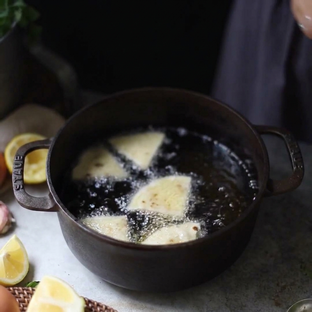 Tortilla triangle pieces frying in a pot filled with bubbling hot oil.